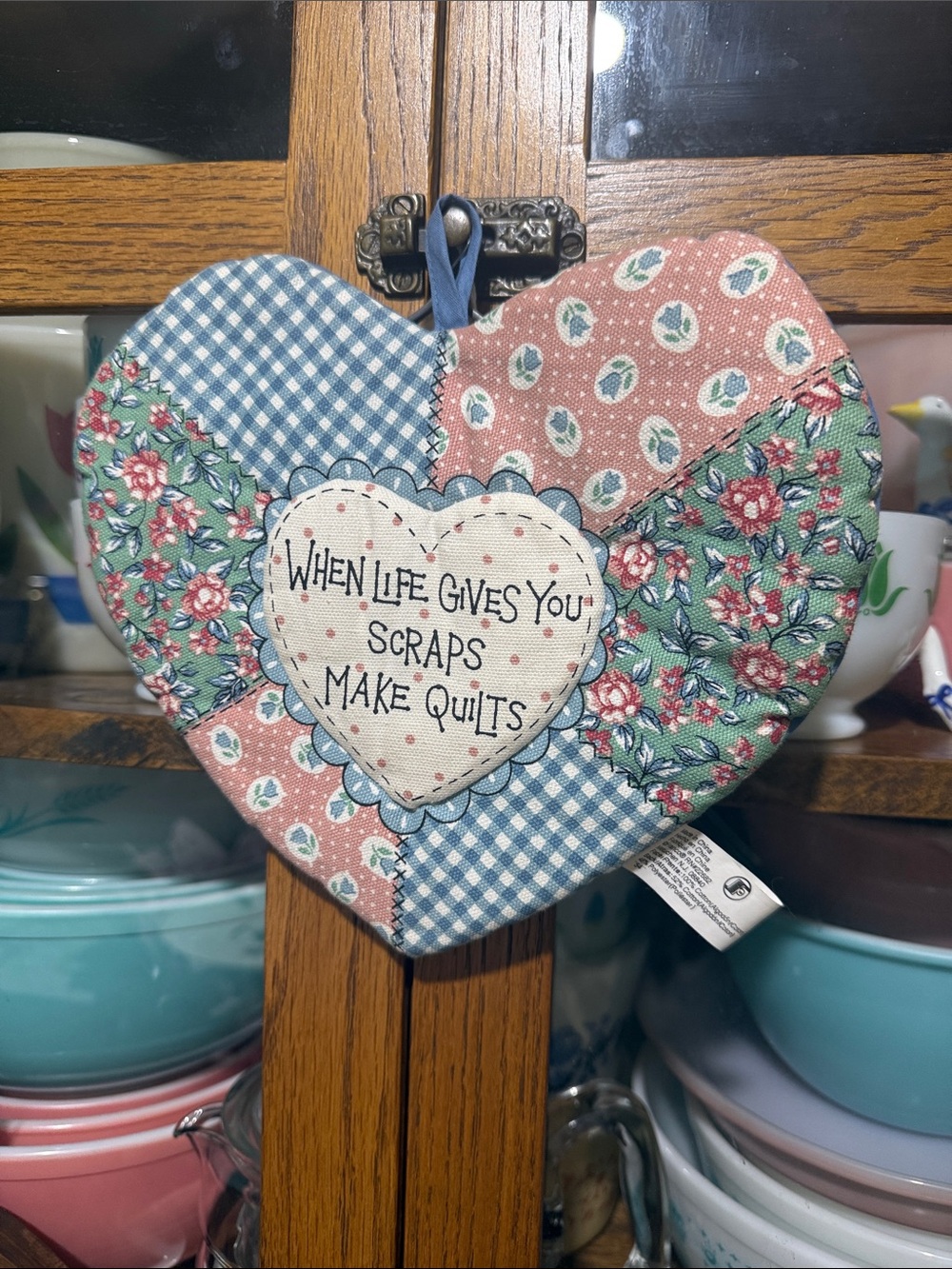 Heart-Shaped Quilted- Blue, Pink & Green Floral Patchwork pot holder oven mitt
